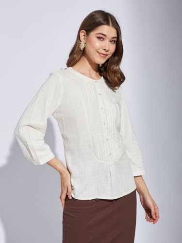 Latin Quarter Women White Round Neck 3/4Th Sleeve Solid Tunic Blouse