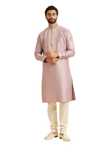 Manyavar Men's Art Silk Neckline Embroidered Solid Kurta Set (2pcs), Lilac, L