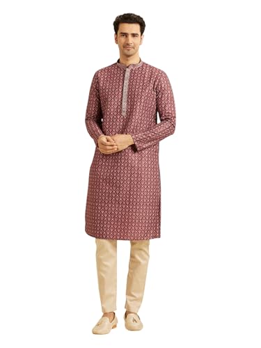 Manyavar Men's Art Silk Printed Kurta Pyjama Set (2pcs), Rust, 2XL
