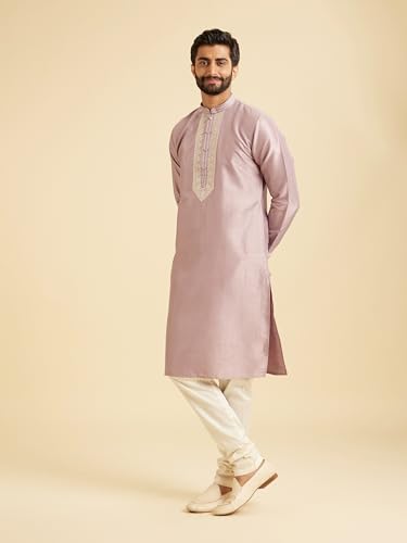 Manyavar Men's Art Silk Neckline Embroidered Solid Kurta Set (2pcs), Lilac, L