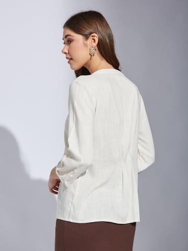 Latin Quarter Women White Round Neck 3/4Th Sleeve Solid Tunic Blouse
