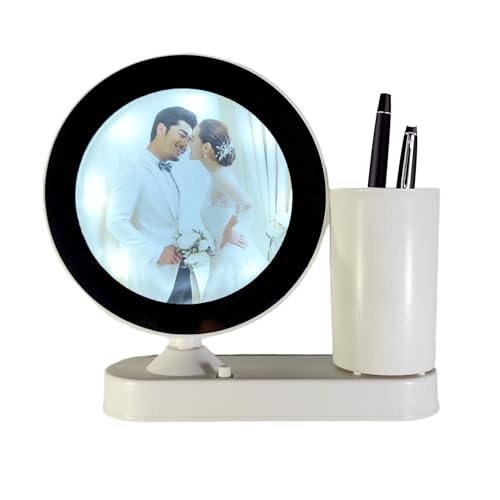 Customized Round LED Magic Mirror Photo Frame with Pen Stand – Personalized LED Light Picture Frame for Desk, Gifts for Couples, Anniversary, Wedding, Birthday (warm white Light Round Shaped)