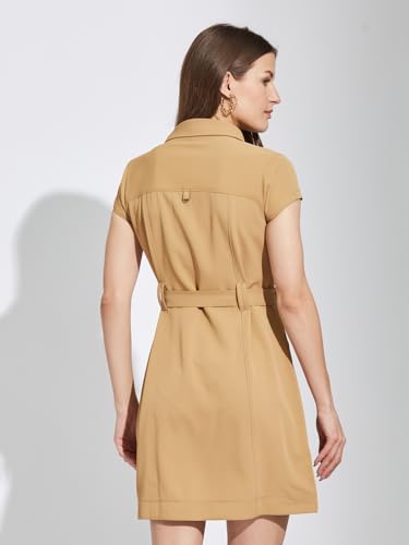 Latin Quarters Women Beige Collar Neck Cap Sleeves Solid Shirt Dress For Casual Wear