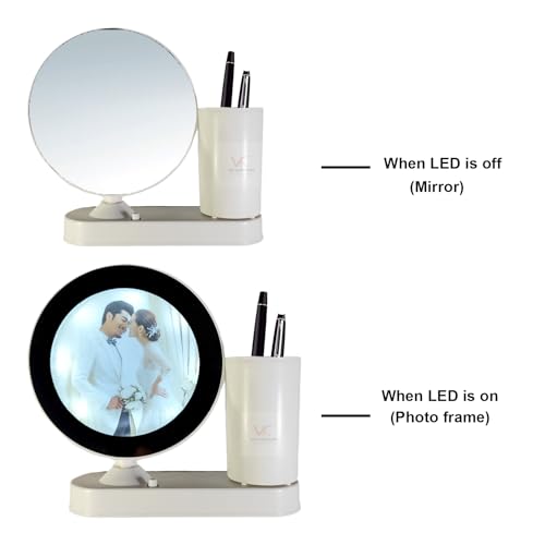 Customized Round LED Magic Mirror Photo Frame with Pen Stand – Personalized LED Light Picture Frame for Desk, Gifts for Couples, Anniversary, Wedding, Birthday (warm white Light Round Shaped)