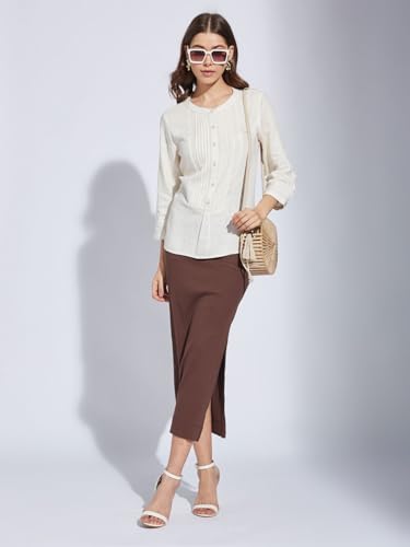 Latin Quarter Women White Round Neck 3/4Th Sleeve Solid Tunic Blouse