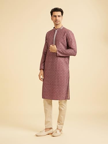 Manyavar Men's Art Silk Printed Kurta Pyjama Set (2pcs), Rust, 2XL