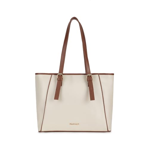 Fastrack WorkFlix Tote | 15” Laptop-Compatible Women’s Handbag | Beige Tote with tan Details & Gold Buckle Accents