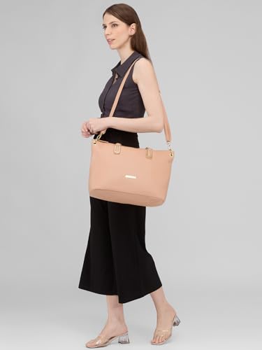 Caprese Amelia Satchel Handbag for Women Shoulder Bag with Multiple Pockets| Trendy and Functional Spacious Design Ideal for Work Everyday Outings and Travel, Skin, M, Western