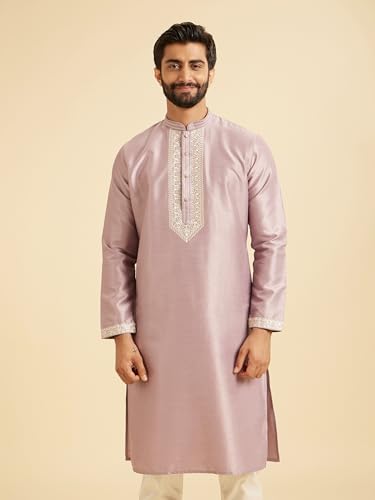 Manyavar Men's Art Silk Neckline Embroidered Solid Kurta Set (2pcs), Lilac, L