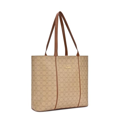 Lavie Women's Mono Neghan Monogram Print Tote Bag for Women | Tote Bag for Work | Ladies purse | Stylish Shoulder Bag | Gift for Women, Taupe, L