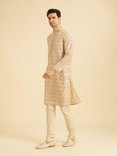 Manyavar Men's Art Silk Printed with Thread Work Kurta Set (2pcs), Beige, S