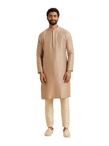 Manyavar Men's Art Silk Jacquard Textured Kurta Pajama Set (2pcs), Walnut, 2XL