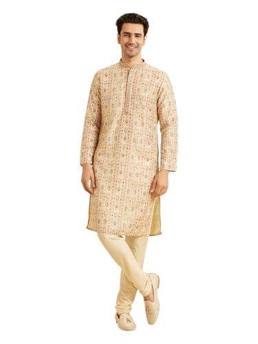 Manyavar Men's Art Silk Printed with Thread Work Kurta Set (2pcs), Beige, S