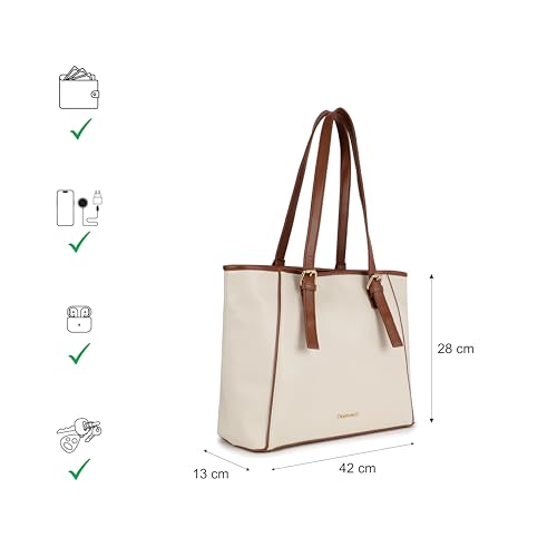 Fastrack WorkFlix Tote | 15” Laptop-Compatible Women’s Handbag | Beige Tote with tan Details & Gold Buckle Accents