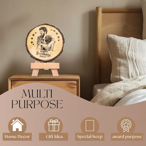 Giftanna Customize Engraved Natural Slice Wooden Photo Frame, Personalized Photo Gift for Birthday, Wedding, Real Wood Plaque with Wood Stand, Tabletop_ 5.5x5.5 inches