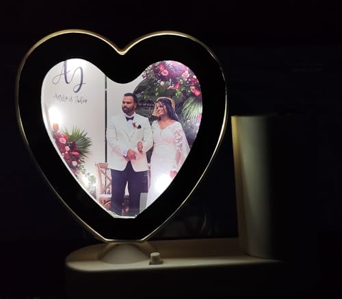 Customized Round LED Magic Mirror Photo Frame with Pen Stand – Personalized LED Light Picture Frame for Desk, Gifts for Couples, Anniversary, Wedding, Birthday (warm white Light Round Shaped)