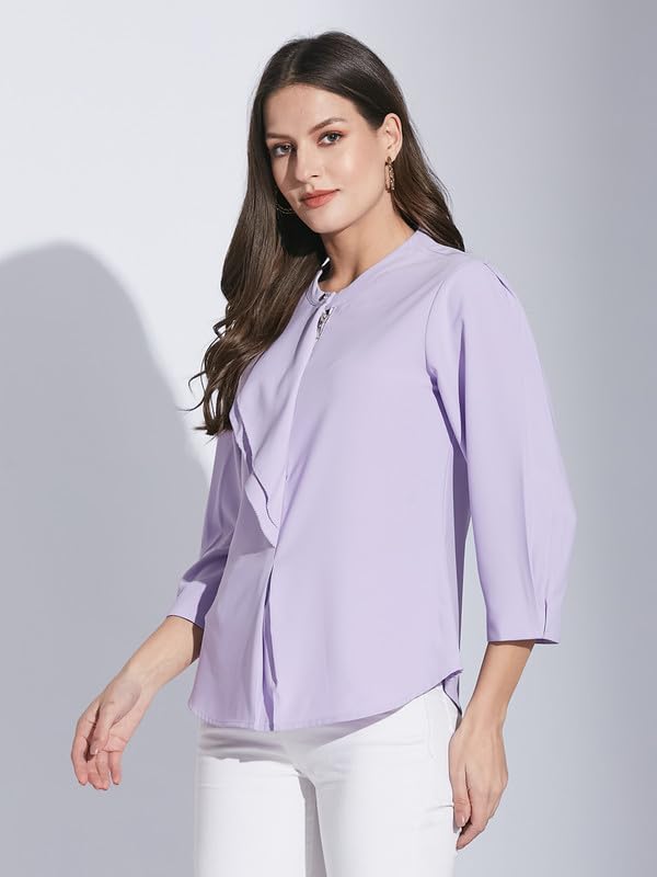 Latin Quarters Women Lavender Mandarin Collar 3/4 Sleeve Solid Top