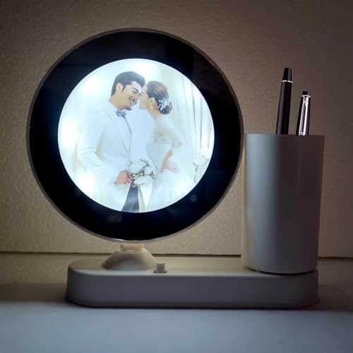 Customized Round LED Magic Mirror Photo Frame with Pen Stand – Personalized LED Light Picture Frame for Desk, Gifts for Couples, Anniversary, Wedding, Birthday (warm white Light Round Shaped)