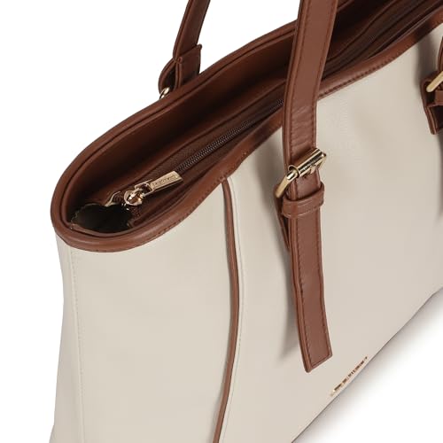 Fastrack WorkFlix Tote | 15” Laptop-Compatible Women’s Handbag | Beige Tote with tan Details & Gold Buckle Accents