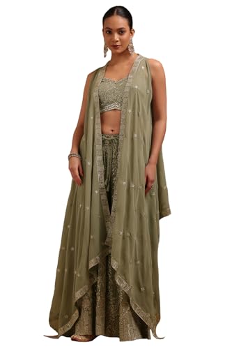 Soch Womens Georgette Embroidered Co-Ord Set With Mirror Work, Sap Green, XL
