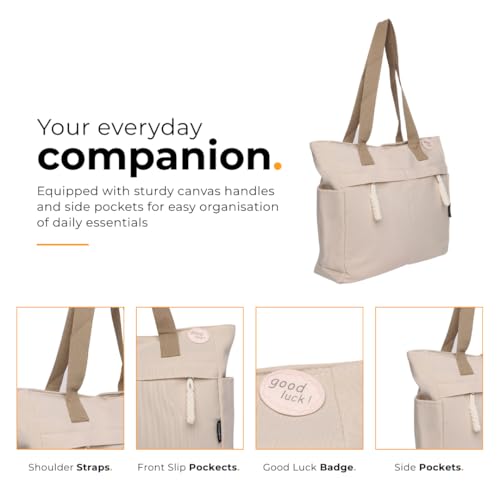 Tressential UrbanHandy Canvas Tote Bag, HandBag for Women, Multi-Pocket Design, Casual Style for Office & College, Ivory