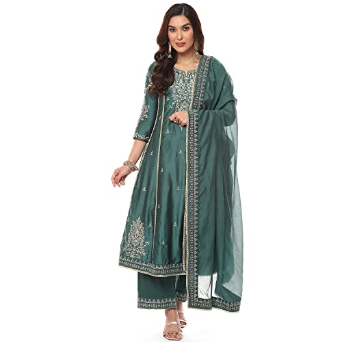 Dark Green Cotton Blend A-Line Kurta Palazzo Suit Set