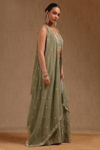 Soch Womens Georgette Embroidered Co-Ord Set With Mirror Work, Sap Green, XL