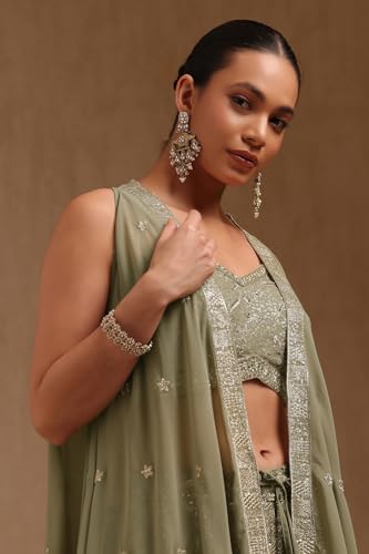 Soch Womens Georgette Embroidered Co-Ord Set With Mirror Work, Sap Green, XL