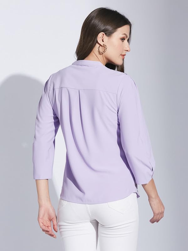 Latin Quarters Women Lavender Mandarin Collar 3/4 Sleeve Solid Top