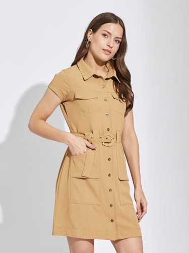 Latin Quarters Women Beige Collar Neck Cap Sleeves Solid Shirt Dress For Casual Wear