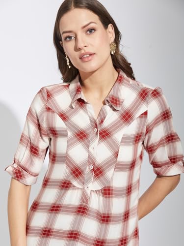 Latin Quarters Women Red Collar Neck Half Sleeves Checked Shirt Blouse For Casual Wear