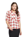Latin Quarters Women Red Collar Neck Half Sleeves Checked Shirt Blouse For Casual Wear