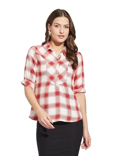 Latin Quarters Women Red Collar Neck Half Sleeves Checked Shirt Blouse For Casual Wear
