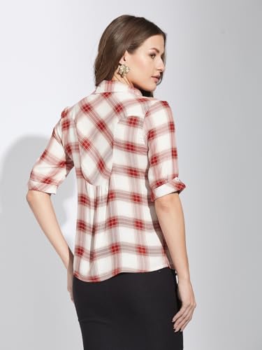 Latin Quarters Women Red Collar Neck Half Sleeves Checked Shirt Blouse For Casual Wear