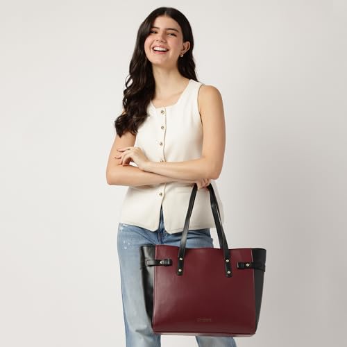 Fastrack Cherry Powermode Laptop Tote For Women | Cherry & Black Faux Leather Bag | Fits Upto 15" Laptop | Ladies Tote Bag with Zipper Closure & Utility Pockets