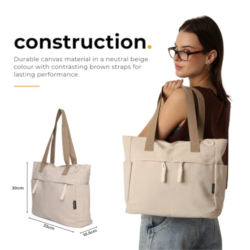 Tressential UrbanHandy Canvas Tote Bag, HandBag for Women, Multi-Pocket Design, Casual Style for Office & College, Ivory