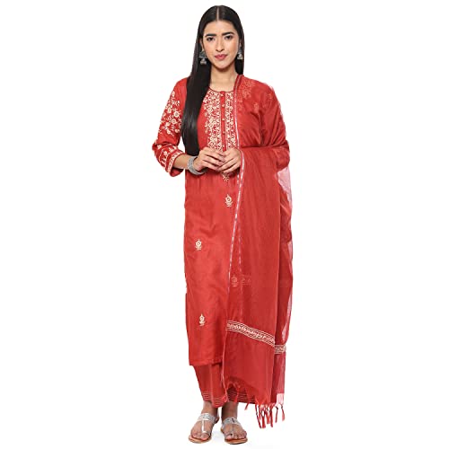 BIBA Ladies Cotton Straight Embroidered Costume Set, terracotta, XL