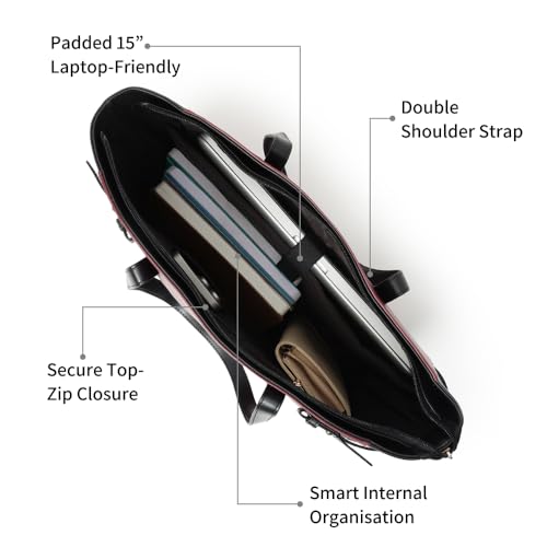 Fastrack Cherry Powermode Laptop Tote For Women | Cherry & Black Faux Leather Bag | Fits Upto 15" Laptop | Ladies Tote Bag with Zipper Closure & Utility Pockets