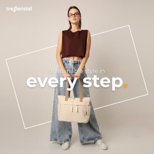 Tressential UrbanHandy Canvas Tote Bag, HandBag for Women, Multi-Pocket Design, Casual Style for Office & College, Ivory