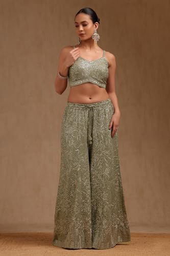 Soch Womens Georgette Embroidered Co-Ord Set With Mirror Work, Sap Green, XL