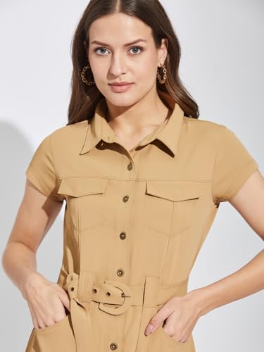 Latin Quarters Women Beige Collar Neck Cap Sleeves Solid Shirt Dress For Casual Wear