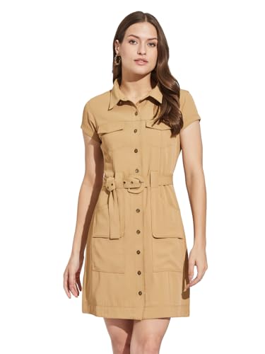 Latin Quarters Women Beige Collar Neck Cap Sleeves Solid Shirt Dress For Casual Wear