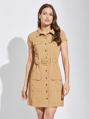 Latin Quarters Women Beige Collar Neck Cap Sleeves Solid Shirt Dress For Casual Wear