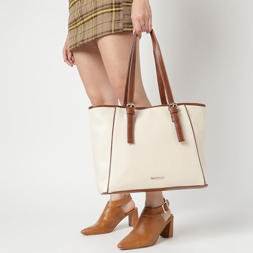 Fastrack WorkFlix Tote | 15” Laptop-Compatible Women’s Handbag | Beige Tote with tan Details & Gold Buckle Accents