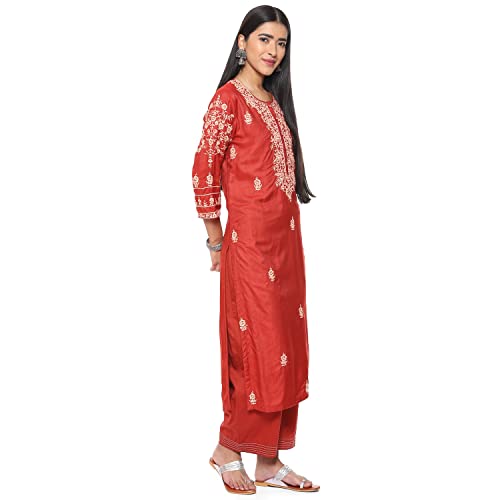 BIBA Ladies Cotton Straight Embroidered Costume Set, terracotta, XL