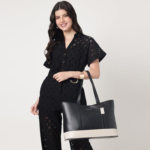 Fastrack Hustle Laptop Bag | Faux-Leather Tote Bag for Men & Women | 15-Inch Laptop Compatible | Black Bag with Gold Hardware & Double Handle | Zip Closure & Multiple Pockets for Organized Storage