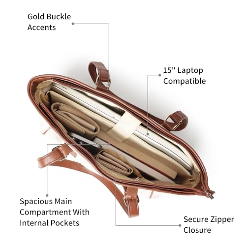 Fastrack WorkFlix Tote | 15” Laptop-Compatible Women’s Handbag | Beige Tote with tan Details & Gold Buckle Accents