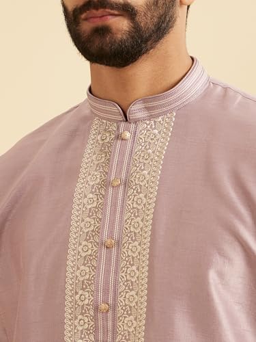 Manyavar Men's Art Silk Neckline Embroidered Solid Kurta Set (2pcs), Lilac, L