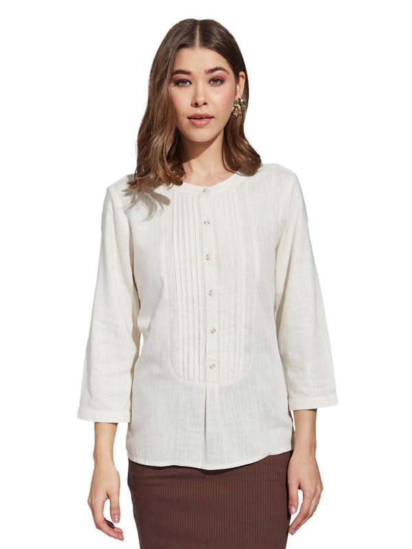 Latin Quarter Women White Round Neck 3/4Th Sleeve Solid Tunic Blouse