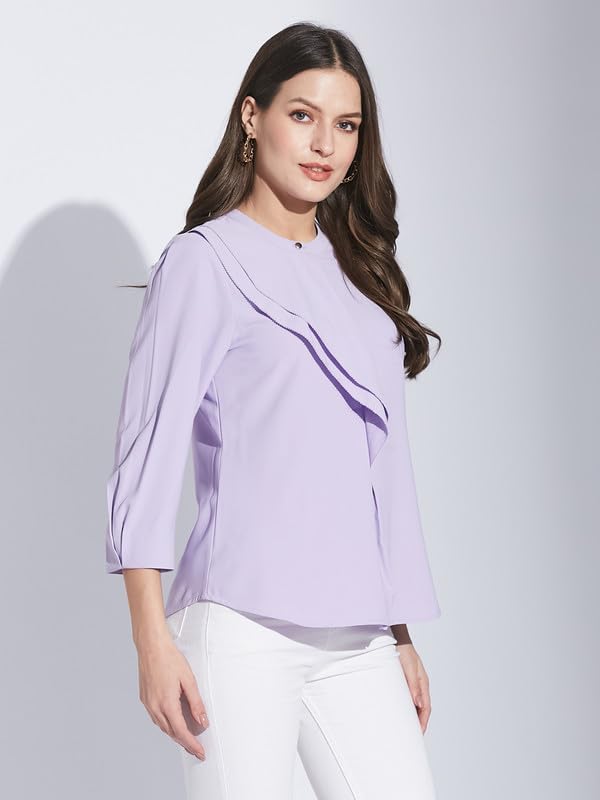 Latin Quarters Women Lavender Mandarin Collar 3/4 Sleeve Solid Top